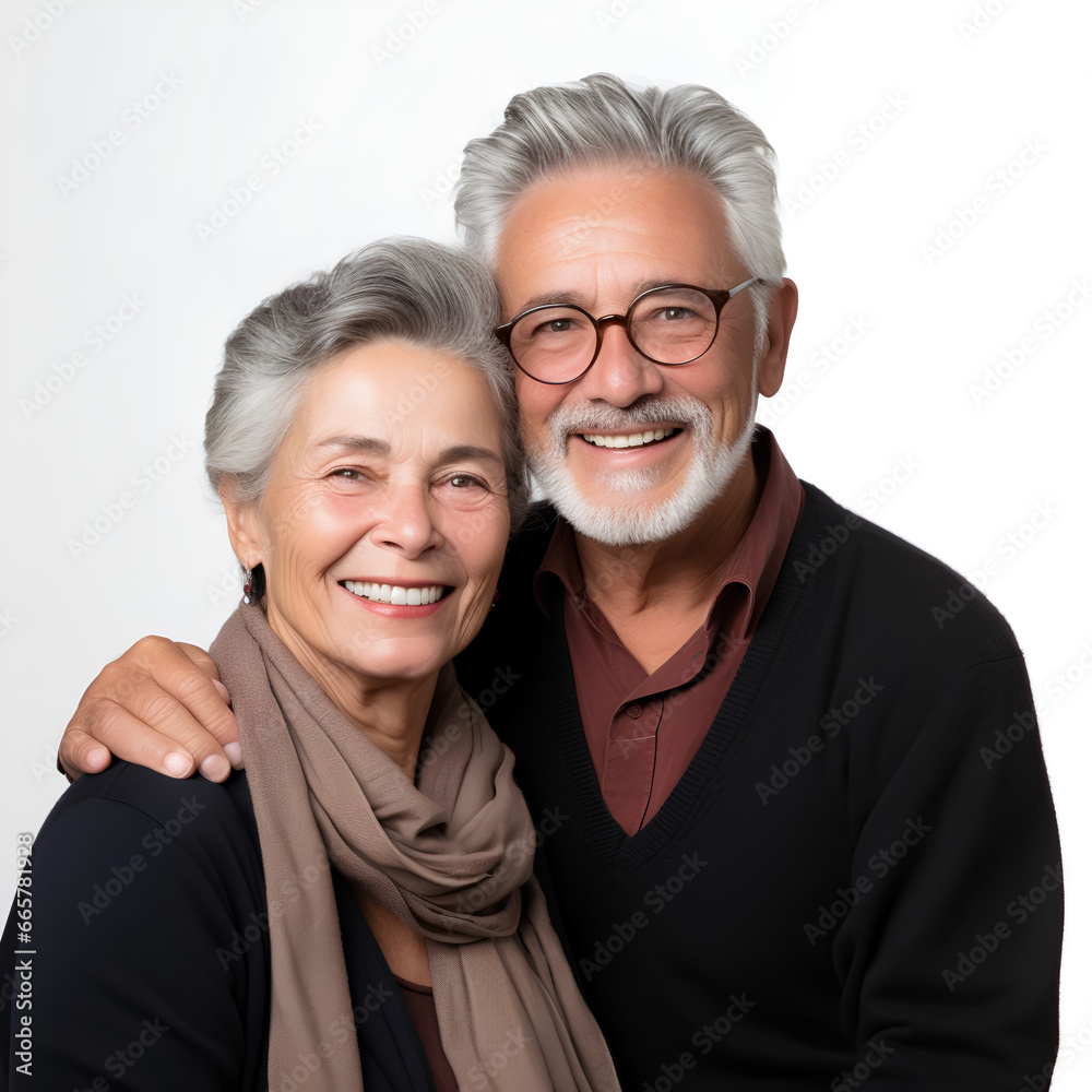 High-Resolution Isolated Portrait of a Senior Couple - Natural Lighting, Expressive Gaze, Capturing the Essence of Aging Gracefully and Togetherness. Gramdparents, happy senior couple hugging