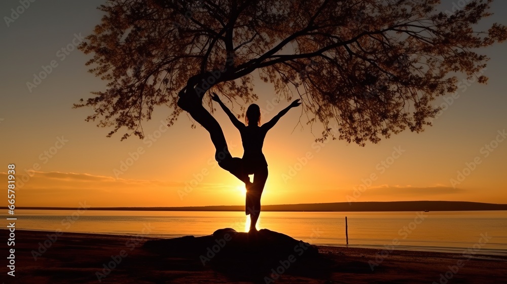 photos Realistic photo of a yoga woman on the beach with sunset view