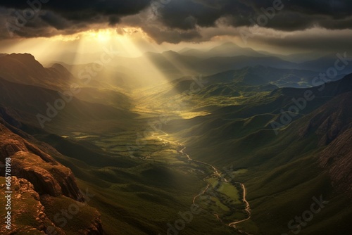 Bird's-eye landscape with mountain range, cloudy sky, sunbeams, and rays penetrating dark clouds over peaks. Generative AI © Dmytro