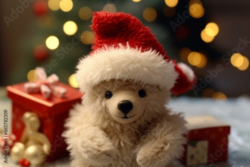A fluffy stuffed bear wearing a festive hat, holding a holiday card. Generative AI © Dmytro