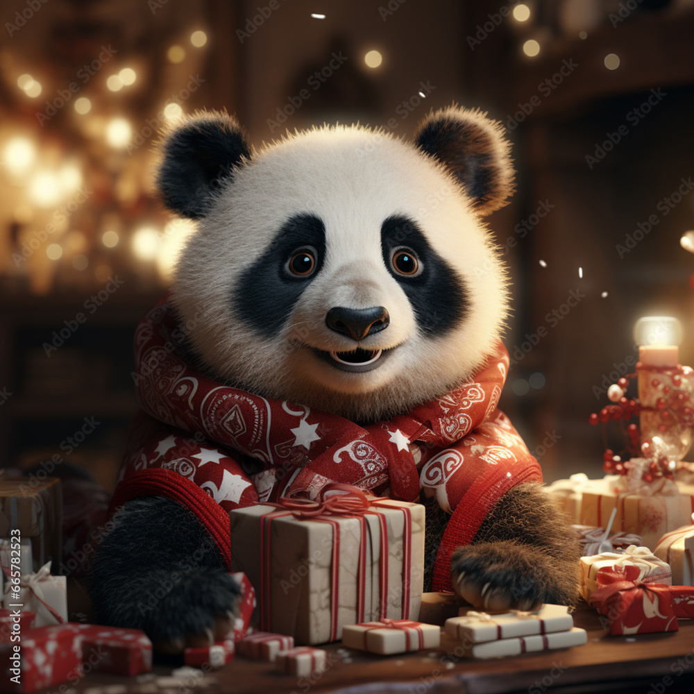 A cheerful panda wearing a cute Christmas dress and a Santa hat, surrounded by festive decorations. A cheerful panda wearing a cute Christmas dress and a Santa hat, surrounded by festive decorations.