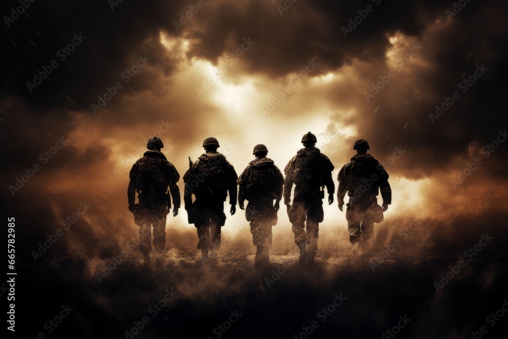 Silhouette of group of armed soldiers under somber smoky skies Silhouette of group of armed soldiers under somber smoky skies