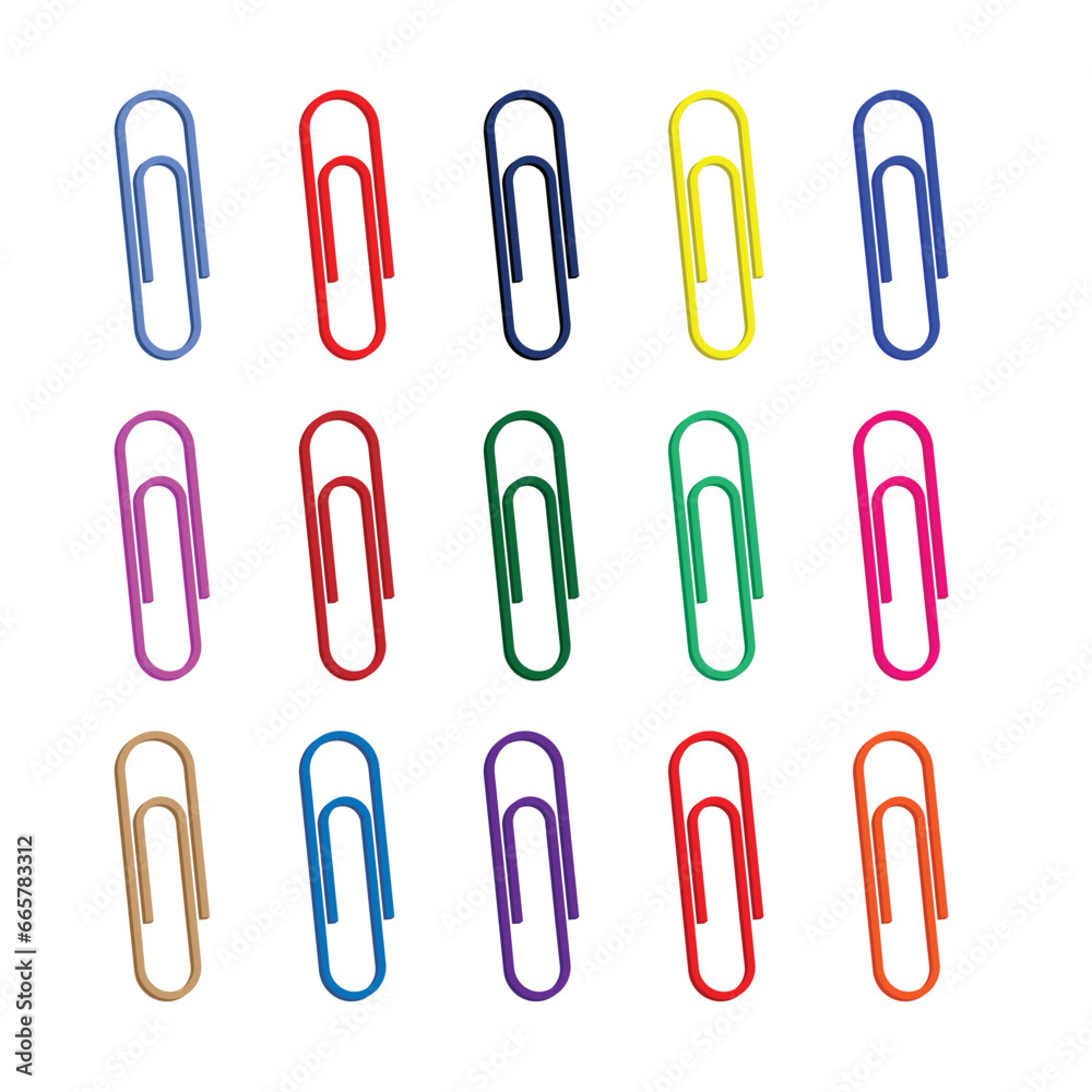 Paper Clip 3D sets with different colors Office Stationary isolated on white Background Paper Clip 3D sets with different colors Office Stationary isolated on white Background