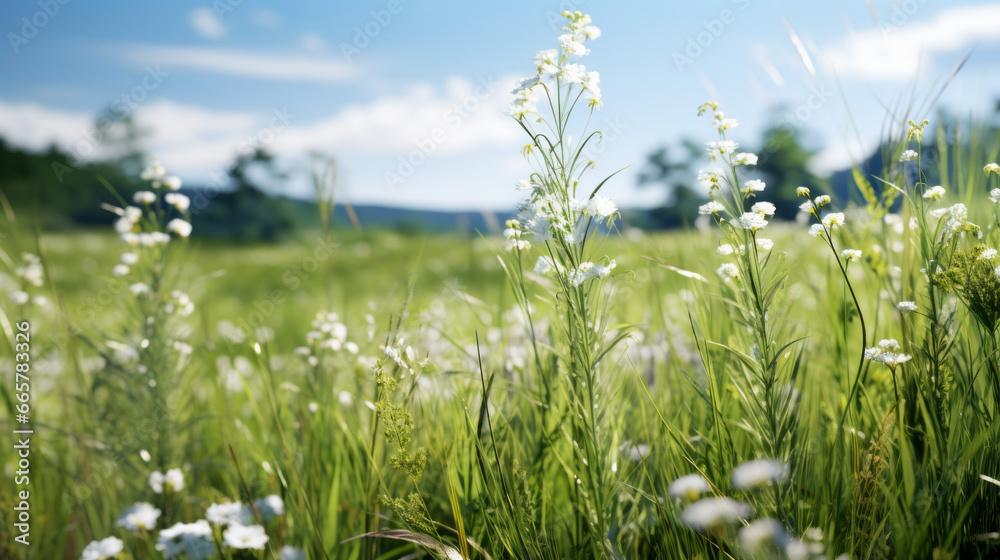 A lush, green meadow filled with tall grass and wildflowers A lush, green meadow filled with tall grass and wildflowers