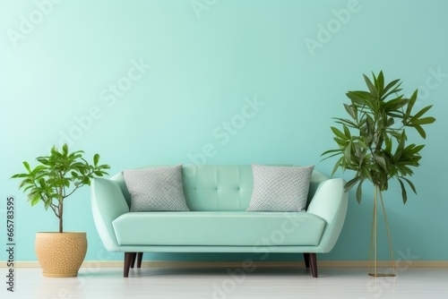 Modern Frontal view of mint sofa. Mint wall home. Generate Ai