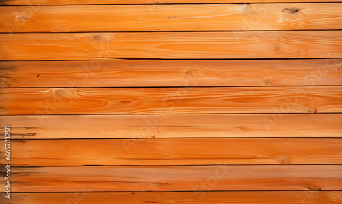 Wooden wall featuring horizontal orange planks of varying widths, adorned with a natural wood grain texture and knots adding to its natural look.