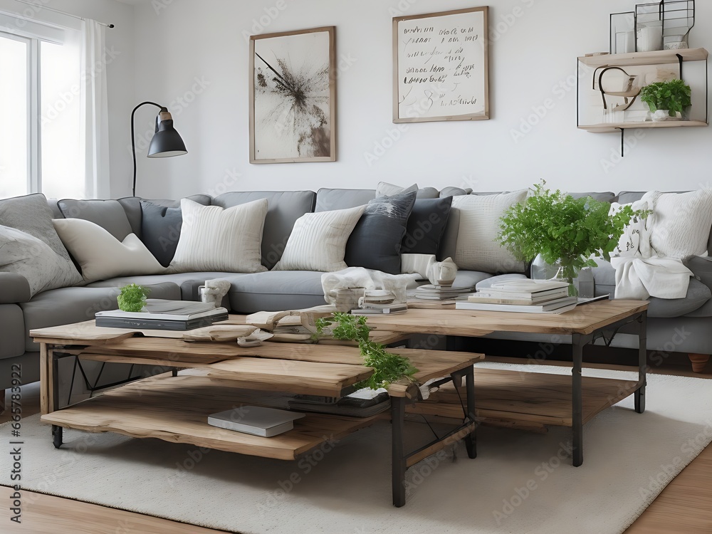 Fototapeta premium Sofa and lounge chair against grey wall with rustic shelves. Scandinavian home interior design of modern living room in attic.