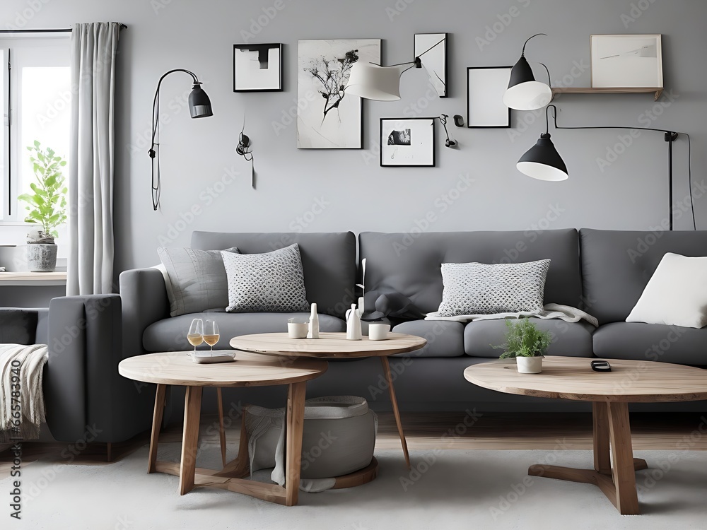 Sofa and lounge chair against grey wall with rustic shelves. Scandinavian home interior design of modern living room in attic. Sofa and lounge chair against grey wall with rustic shelves. Scandinavian home interior design of modern living room in attic.
