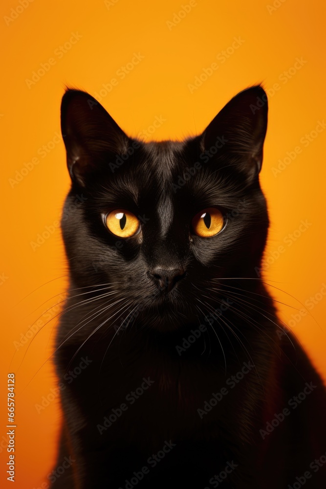 Fluffy cute black cat on bright orange background. Halloween autumn concept. Background with copy space
