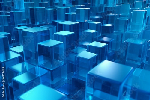 Creative digital wallpaper with carefully arranged transparent cubes in blue, presented in 3D. Generative AI