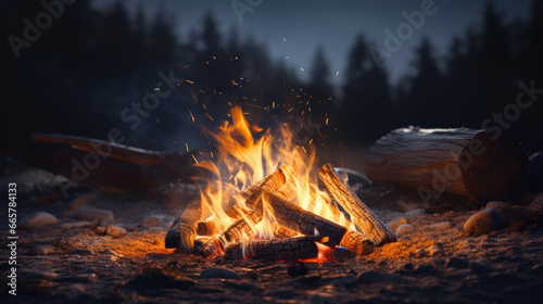 A lonely campfire flickers in the distance, its orange light casting dancing shadows on the ground