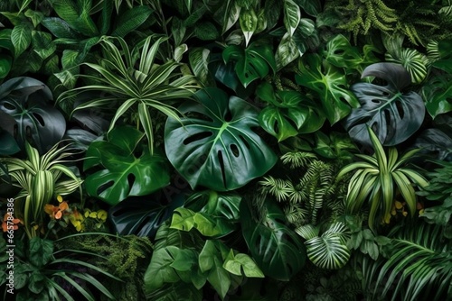 Artistic natural foliage backdrop  exotic foliage strip or botanical rainforest design idea. Generative AI