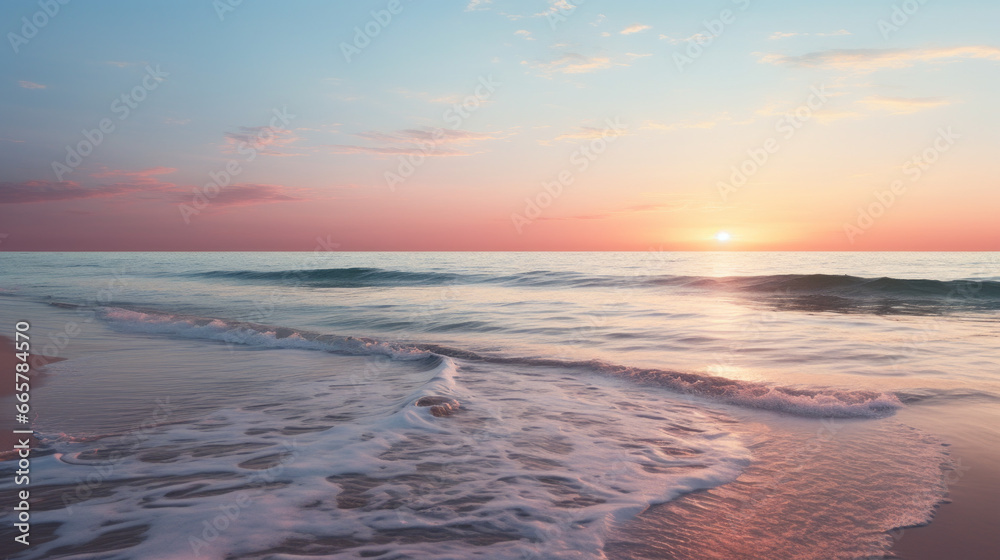 A lonely beach stands against a wide expanse of ocean, the sun setting in the distance and casting a beautiful pink light 