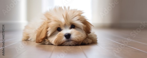 A Dog Laying On A Wooden Floor photo