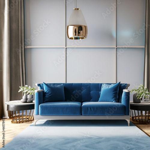 A blue sofa in a living room with a golden lamp on the wall. © Tripura jouty