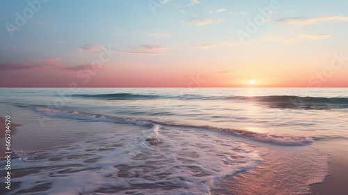 A lonely beach stands against a wide expanse of ocean  the sun setting in the distance and casting a beautiful pink light 