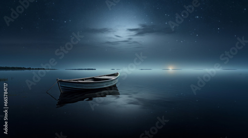 A lone boat drifts across a still lake, the moonlight glimmering on its rippling surface photo