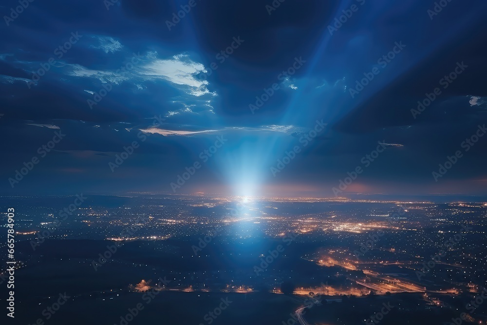 Air Drone Captures Cloudscape And Sunbeams From Above City At Night Captured By Aerial Drone Photography