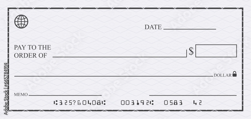 Bank check, vector blank money cheque, checkbook template with guilloche pattern and fields.