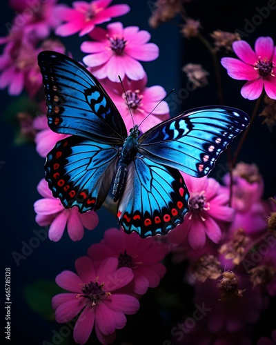 Ethereal Blue Butterfly on Vibrant Pink Flower in Nature's Harmony