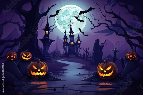 Halloween background with pumpkins and bats dark atmosphere under the moonlight and dark forest.
