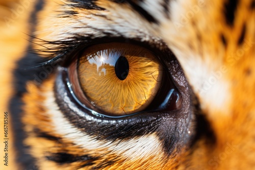 Tiger closeup portrait, safari shot. Bengal tiger, Siberian tiger (Panthera tigris altaica). Wild cat. Wildlife nature concept. Macro view of cats eye
