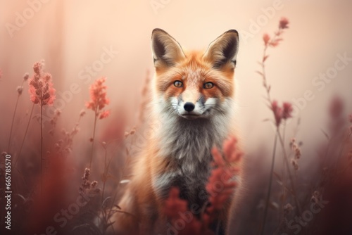 Cute red fox sitting on autumn field with wildflowers. Beautiful vulpes vulpes animal in the nature habitat. Wildlife scene from the wild nature. Wallpaper  beautiful fall background