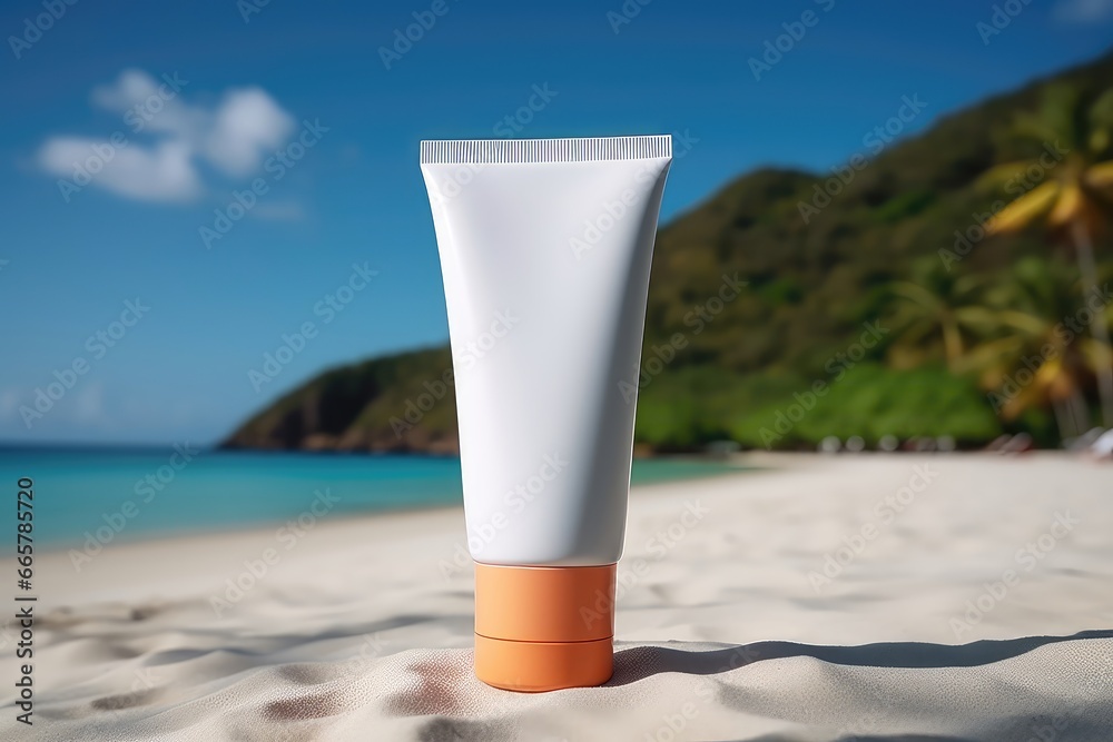 Empty Sunscreen Cream Container Placed On Beautiful Beach