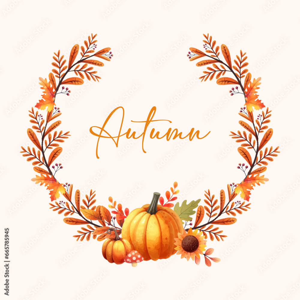 Naklejka premium Vector Beautiful Autumn Watercolor fall leaf, pumpkin Wreath Frame