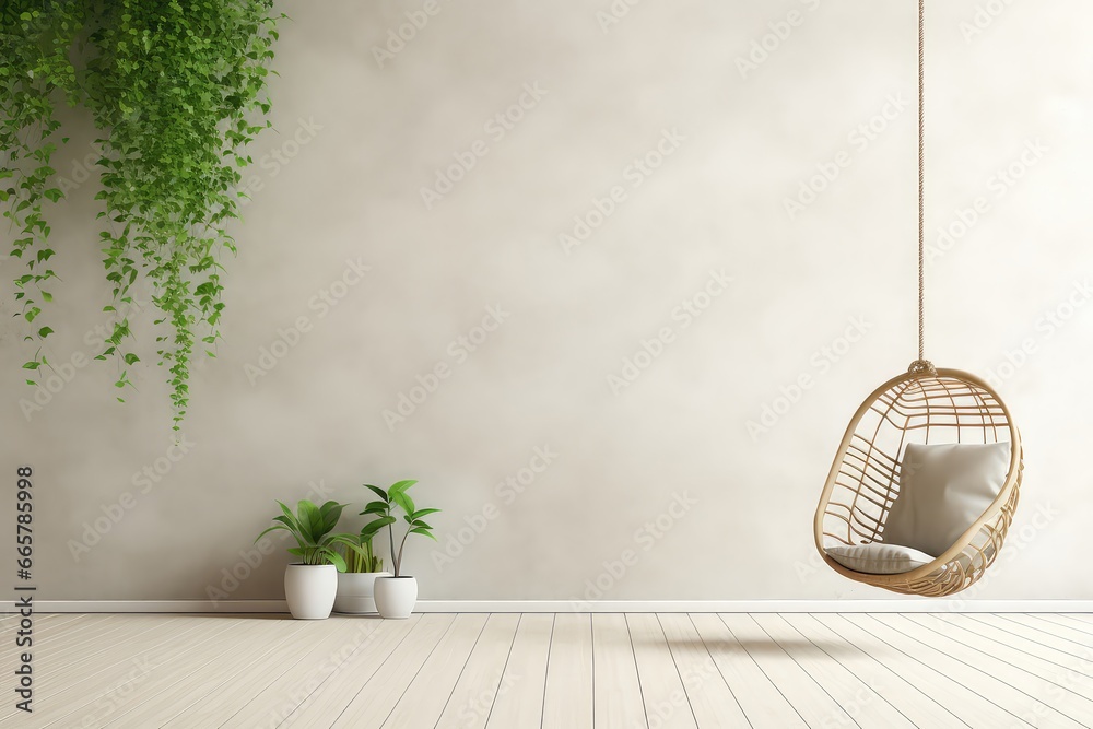 Inviting Green Space With Hanging Chair, Plants, And Rug