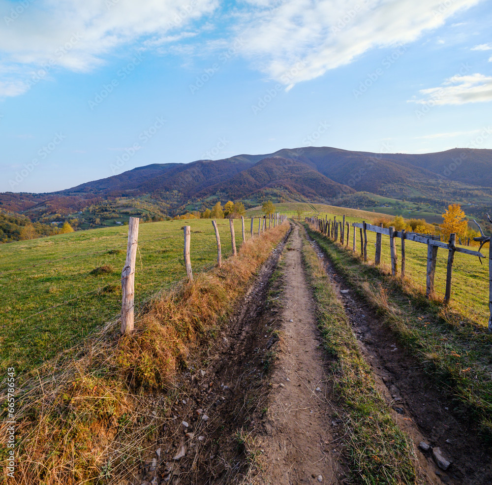 Autumn Carpathian Mountains and dirty countryside path, Ukraine.