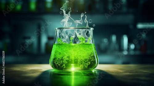 A laboratory beaker filled with a thick green liquid photo
