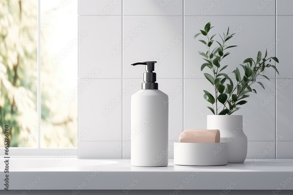 Bathroom Scene With Various Props And Labelless Bottle In The Background Bathroom Scene With Various Props And Labelless Bottle In The Background