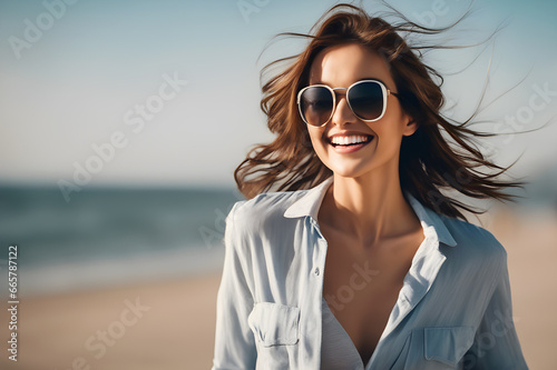 Portrait of Attractive young woman with sunglasses and stunning smile walking on the beach on windy day, AI generated.  © totojang1977