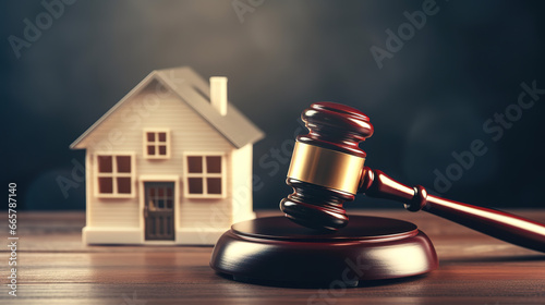 Judge auction and real estate concept House mode, gavel and law books