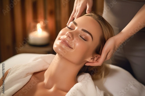 A woman has a neck massage at her spa session