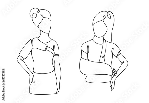 Hand. Arm splint. Bandage. One line