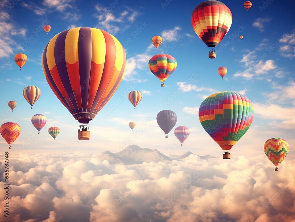 Fototapeta premium A lot of colorful hot air balloons in the sky, aerial view, transportation concept