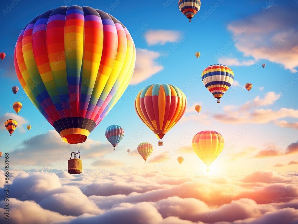 Naklejka premium A lot of colorful hot air balloons in the sky, aerial view, transportation concept