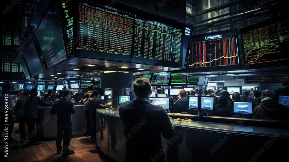 Stock exchange room with with a lot of trading people, forex concept