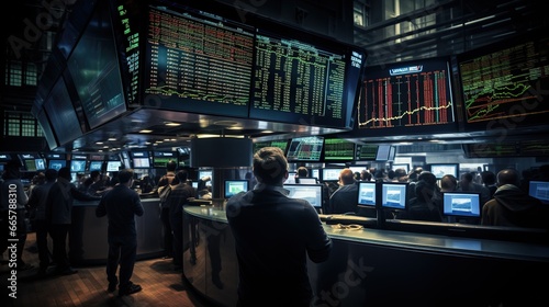 Stock exchange room with with a lot of trading people, forex concept