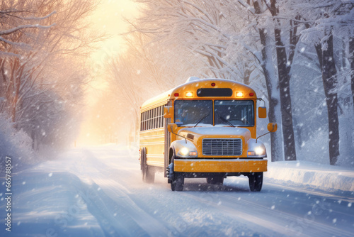 A yellow school bus driving a snowy street during a winter blizzard, its safety lights flashing to indicate its presence in the cold and snowy weather.