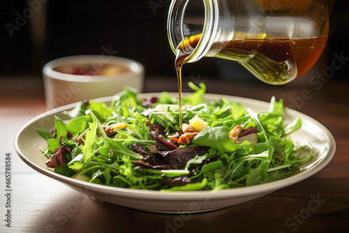 A vegetarian salad with a mix of leafy greens, red tomatoes, and black olives, topped with a mouthwatering balsamic vinaigrette dressing. photo
