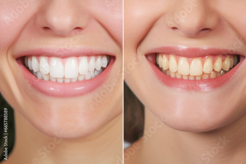 dental transformation showcasing the process of whitening teeth. In the before image, a woman's teeth appear yellow and in the after image, her teeth are noticeably whiter photo