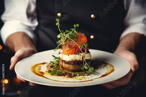chef holding plate with food, Chef holding plate with delicious roasted duck fillet on table in restaurant photo