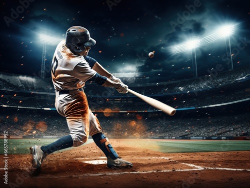 Baseball player in action on the stadium at night, baseball lovers background  photo