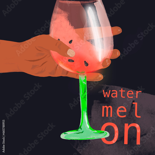Hand holding a wineglass with ice watermelon drink, art poster