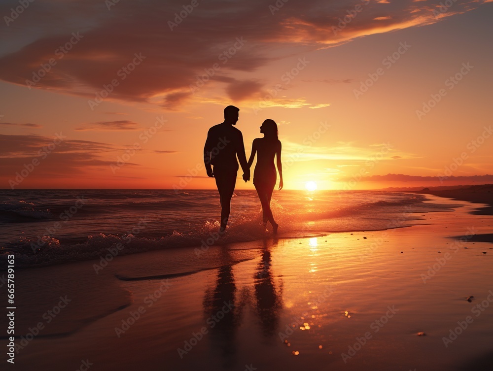 silhouette of a couple on the beach at sunset, Valentine day background 