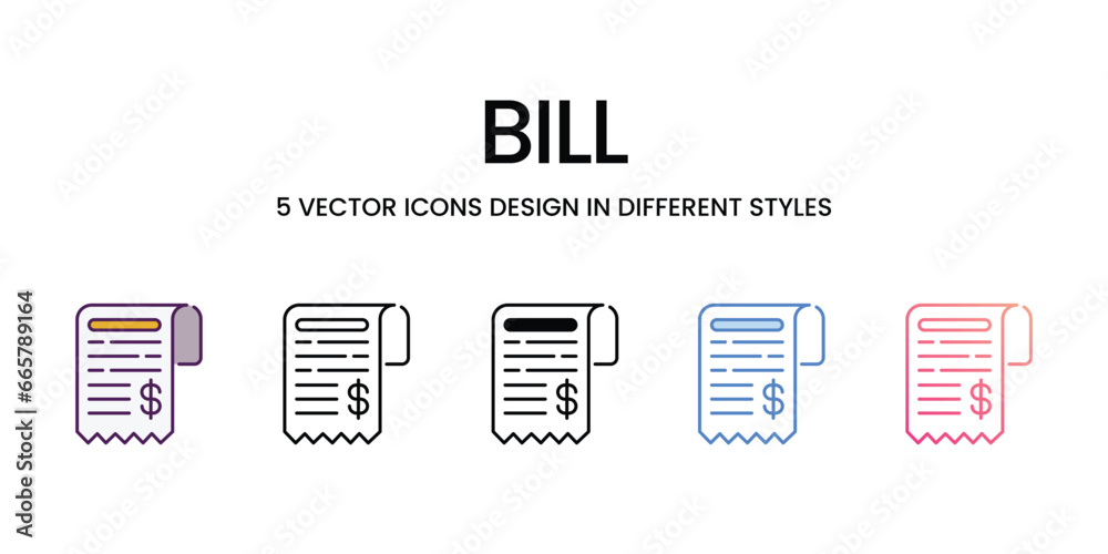 Bill icons set, colorline, glyph, outline, gradinet line, icon vector stock illustration isolate white background. Bill icons set, colorline, glyph, outline, gradinet line, icon vector stock illustration isolate white background.