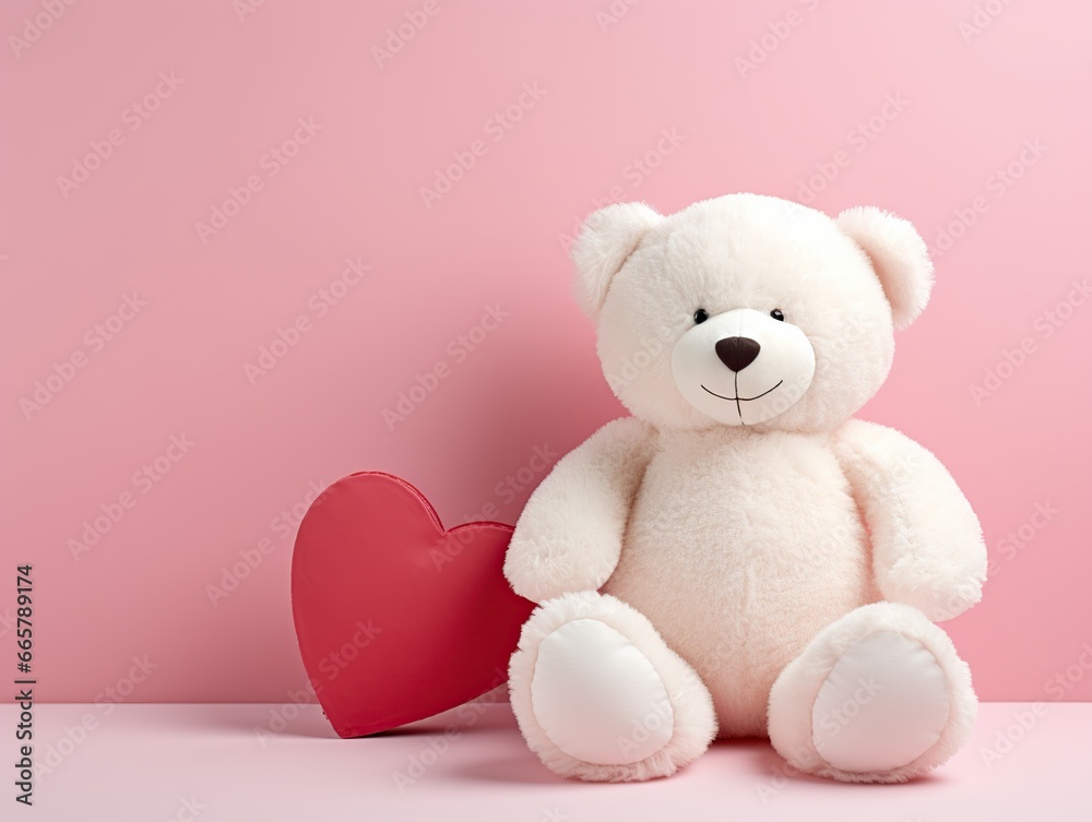 Valentines Day big Teddy bear with a red heart in pink background Valentines Day big Teddy bear with a red heart in pink background